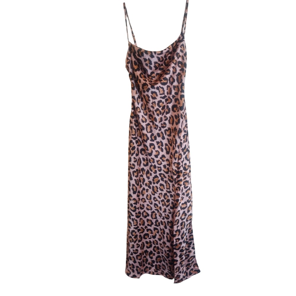 Tsher Leopard Print Satin Slip Dress Cowl Neck Midi XS NWT